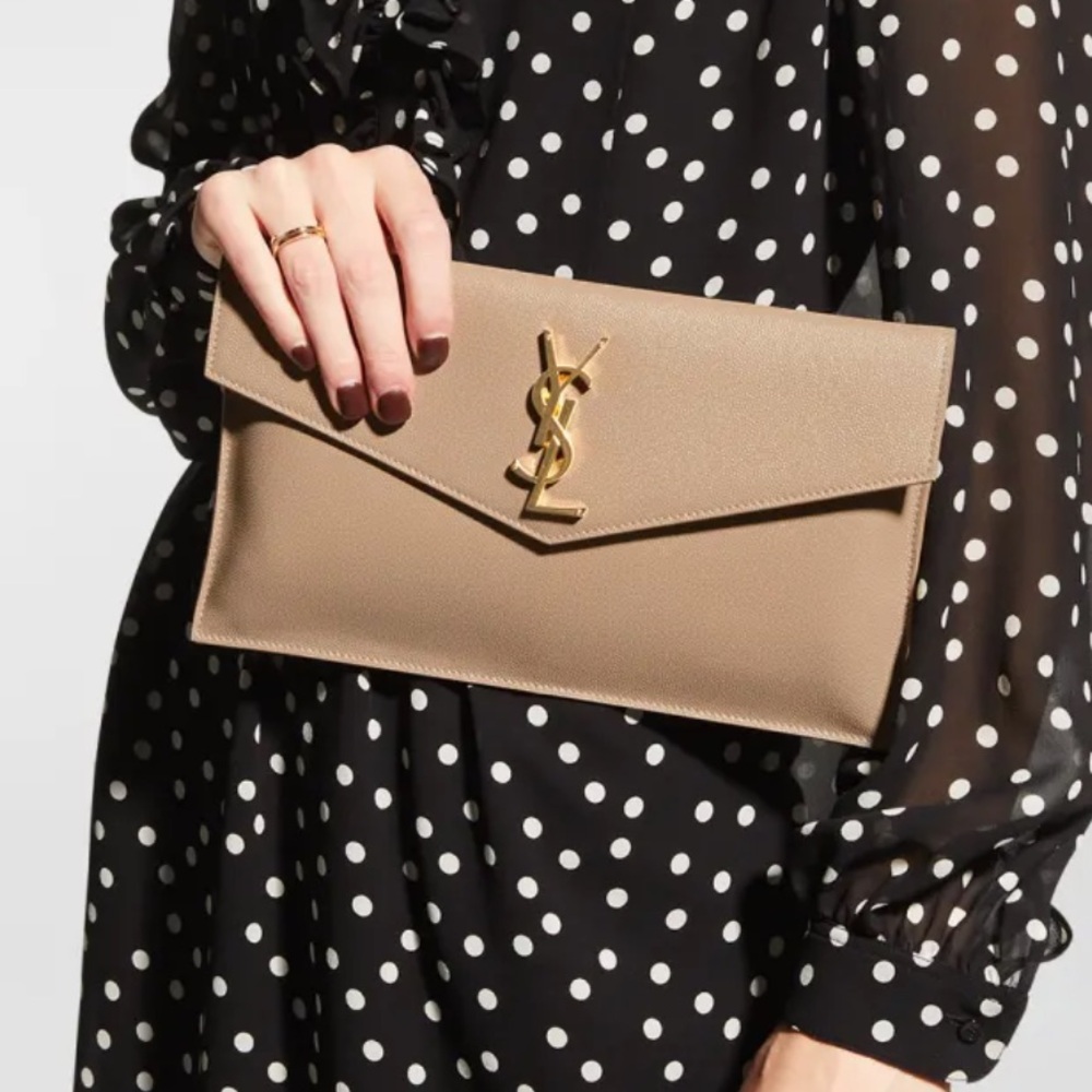 Saint Laurent Uptown YSL Envelope Clutch Dark Beige